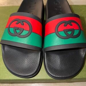 Gucci Black Red Green GG Interlock Rubber Slide Sandals
